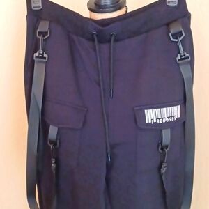 DOLLSKILL CLUB EXX XXL BLACK CARGO SWEAT PANTS BARCODE ON POCKET BONDAGE STRAPS